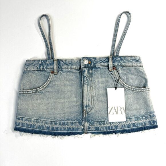 Zara Women's Cropped Denim Tank Top Blue Frayed Hem Size XS NWT Light Wash - Picture 5 of 14